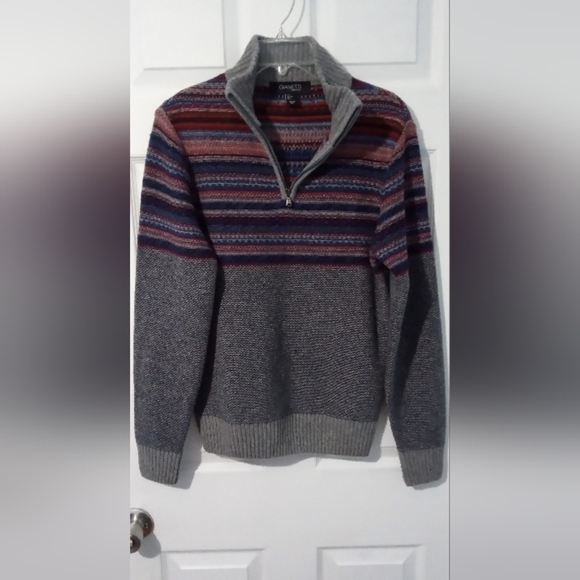 Gant Men's V-Neck Sweater in Gray with Multicolor Stripes - Picture 1 of 4